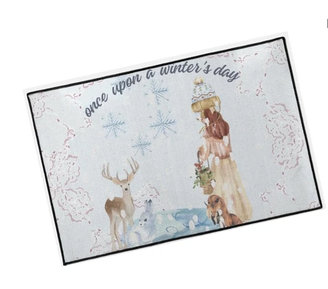 Christmas Winter fox rabbit Lady blue snow snowflakes floor welcome mat doormat