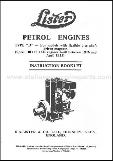 Lister D Stationary Engine Instruction Manual Book 1926-1935 Early Lister D Book