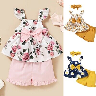 Toddler Baby Girls Sleeveless Floral Print Suspender Tops+Ruffles Shorts Outfits