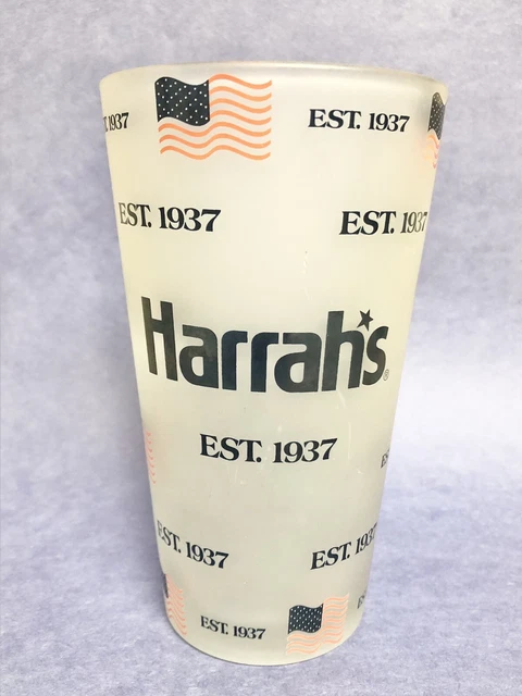 Harrah's Casino Tall frosted Glass EST 1937 with USA flags signed Gibson China
