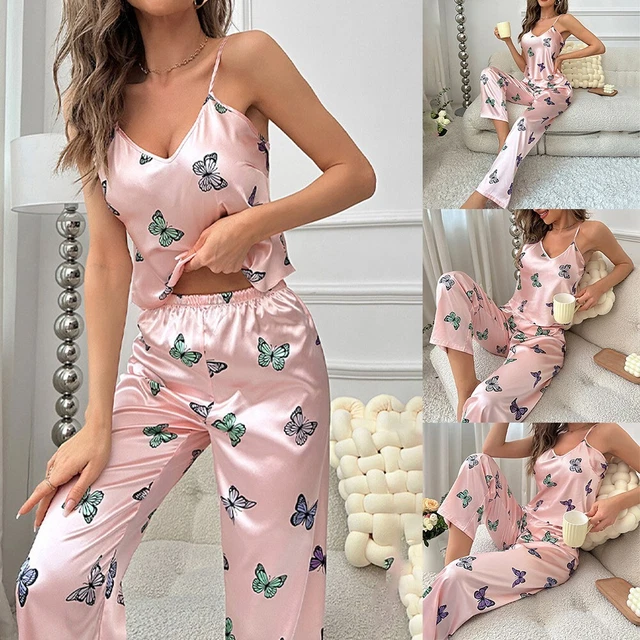 Elegante set pigiama raso stampa farfalla rosa per donna 2 pezzi pigiami