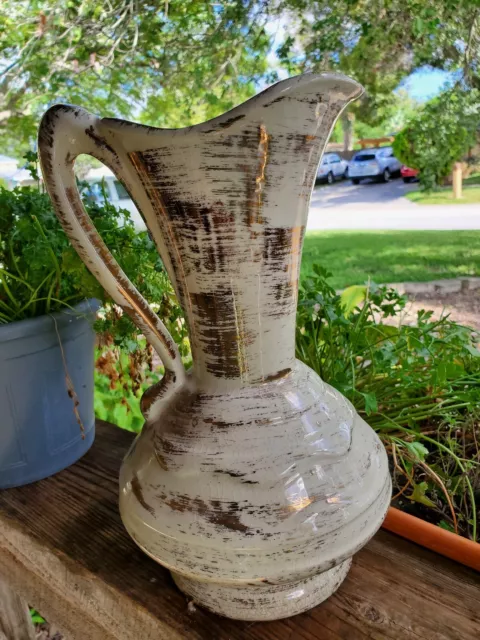 Lg MCM Vintage Pottery Pitcher Vase Mid Century Savoy? Ivory& Brushed Gold Retro