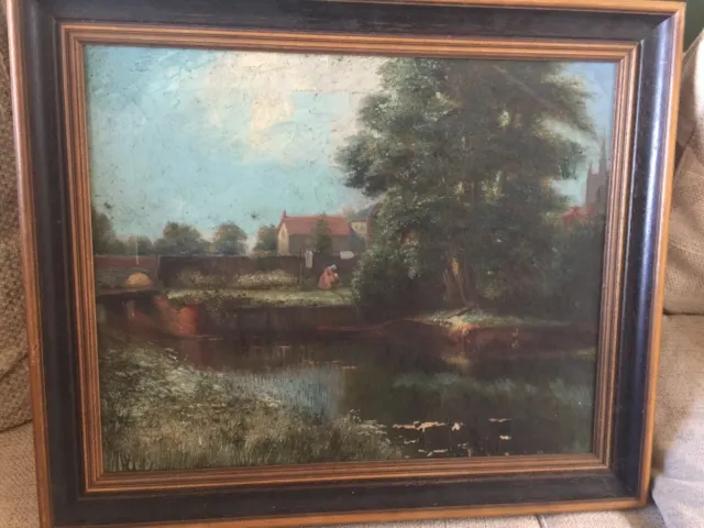 Antique Oil Painting Canvas Great Barford Bedford  Signed Landscape River Bridge