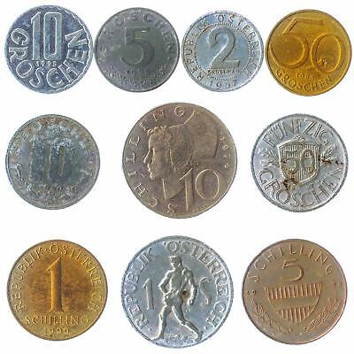 10 Austrian Coins, Old Collectible Currency: Groschen, Schilling, 1945-2001