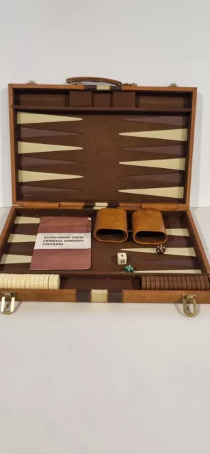 Vintage Backgammon Set Board Game Faux Leather Case Handle Brown Complete 22x18