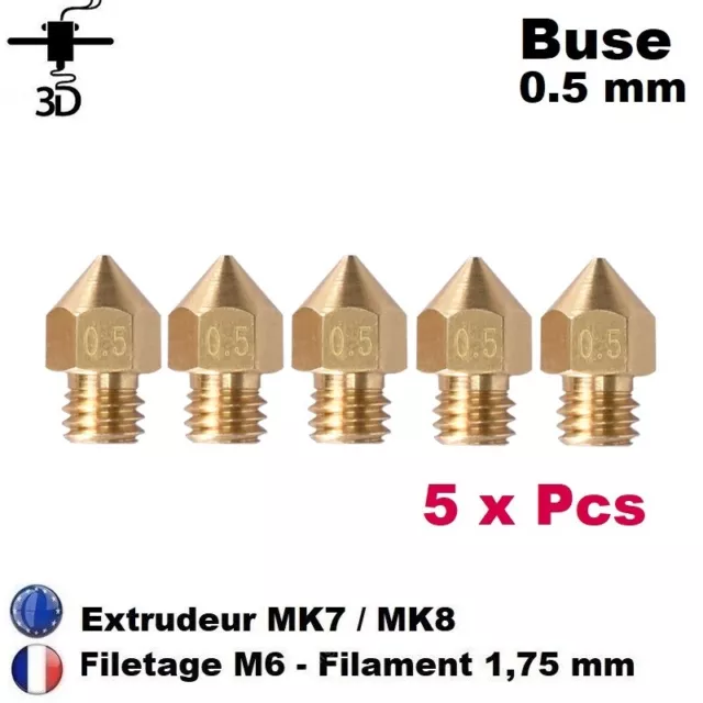5 x Buse 0.5 mm M6 Extrudeur MK8 Imprimante 3D Anet A6, A8, E10, E12