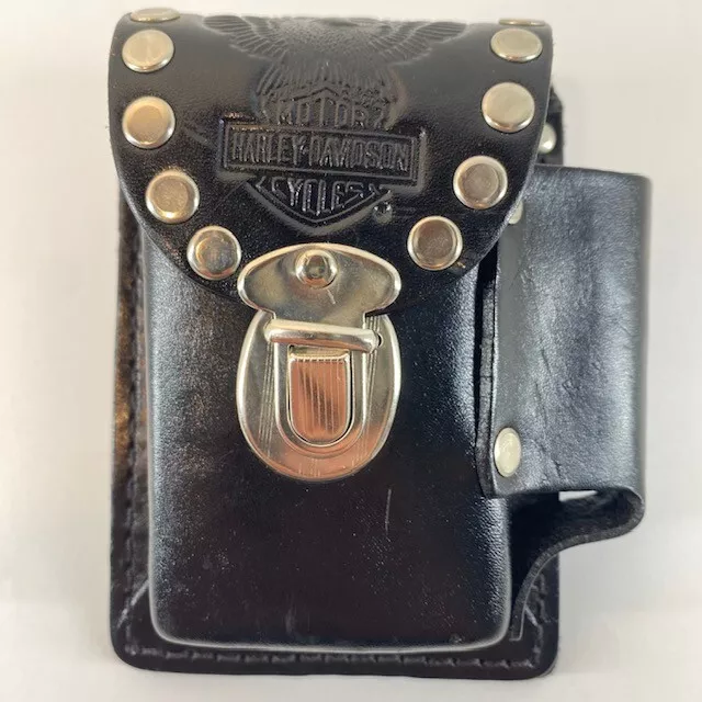 Harley Davidson Vtg black leather cigarette lighter case studded belt loop USA
