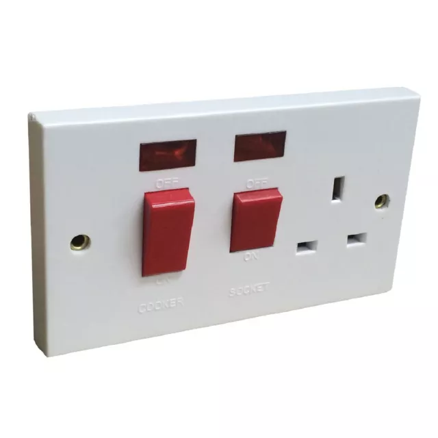 45 Amp White Cooker Switch & Socket with Neons Double Pole Oven Electric 2 Gang