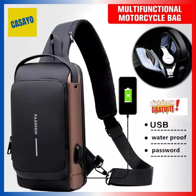 Sac De Poitrine Antivol Homme – Noir, USB Recharge, Robuste Et Sécurisé