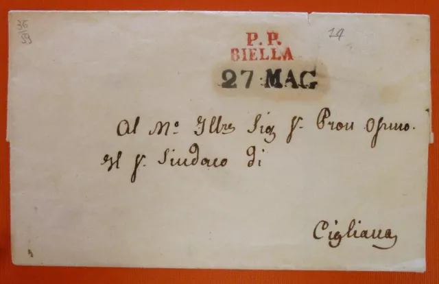 Italy Any Date Prephilatelic Letter sent to Cigliana  - P.P. Biella in red