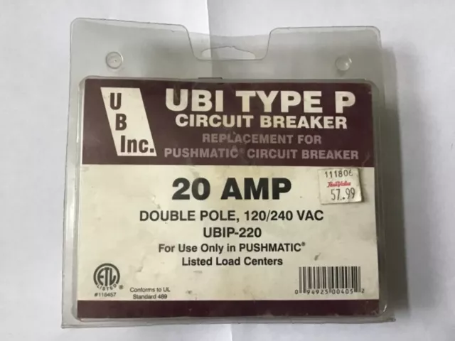 UBI Type P Pushmatic P220 Circuit Breaker 2 Pole 20 Amp Siemens ITE 2P 20A New