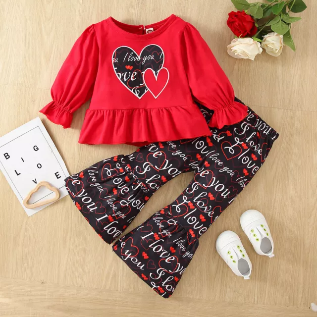 2PCS Toddler Baby Girls Love Outfits Tops + Flared trousers Clothes Set