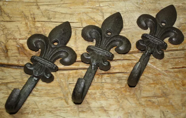 3 Cast Iron Antique Style Rustic Fleur De Lis Coat Hooks Hat Hook Rack Towel #6 3