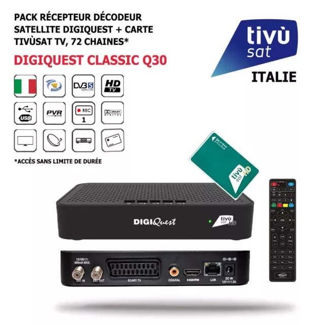 Pack Récepteur Décodeur Satellite Digiquest Classic Q30 + Carte Tivùsat Tv