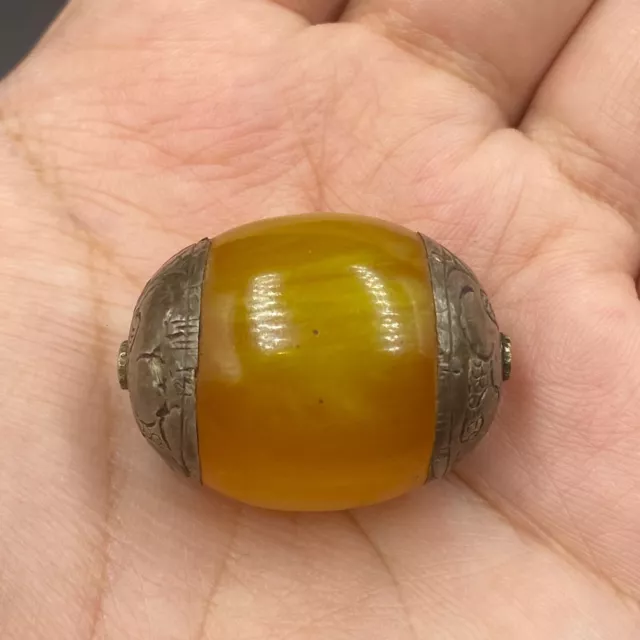Very unique authentic ancient Roman amber Baltic silver bead