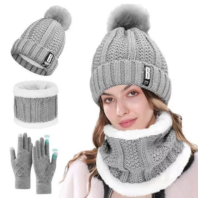 3Pcs/Set Winter Women Ladies Woollen Thick Knit Hat And Scarf Set knitted Cap UK