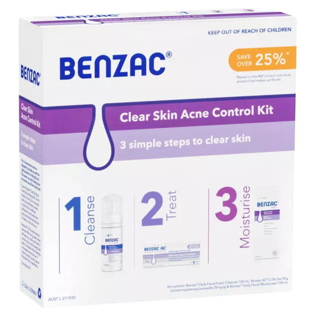 Benzac Clear Skin Acne Control Kit 3 Simple Steps Cleanse Treat & Moisturise