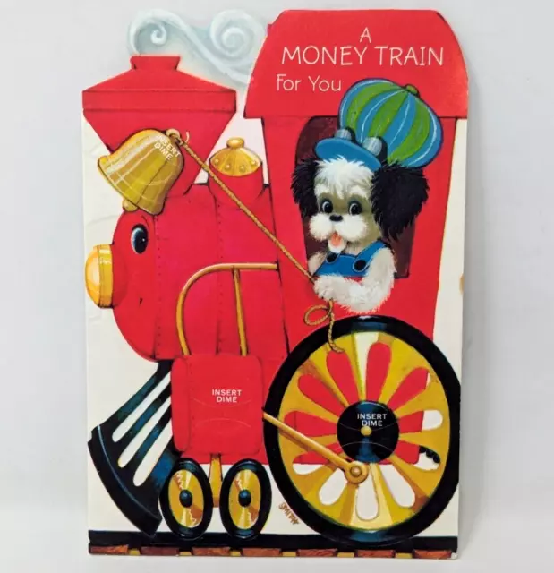 Vintage Hallmark Die Cut Dime Coin Money Train Animals Happy Birthday Card F24