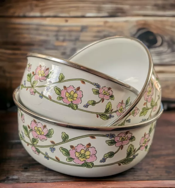 Vintage Set of 3 1980s Kobe Metal Enamelware Nesting Mixing Bowls Floral Japan