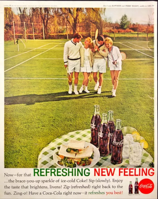 1962 Coca-Cola Print Ad 2 Couples on Tennis Court Table Sandwiches & Coke