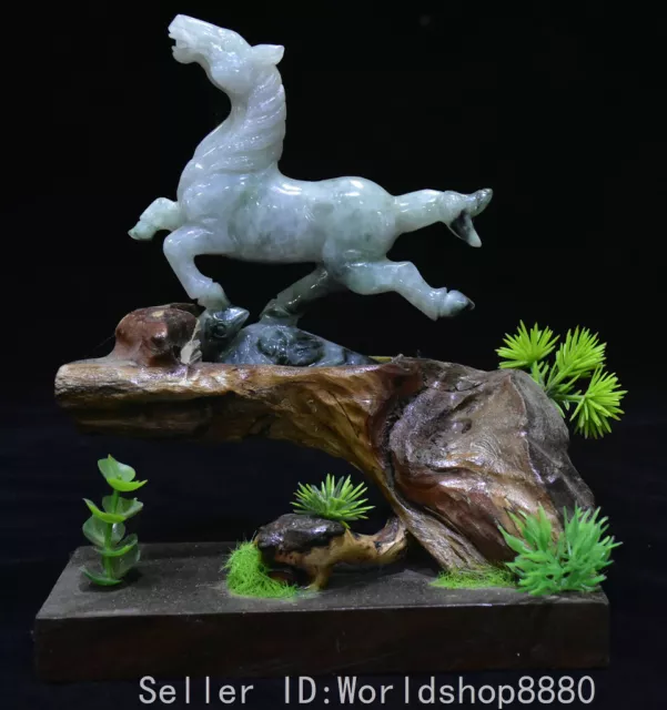 6" ancient Chinese emerald jade carving Fengshui 12 Zodiac Year Horse statue