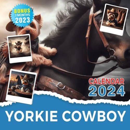 YORKIE COWBOY CALENDAR 2024 Jan 2024 to Dec 2024 Bonus 3 Months Last