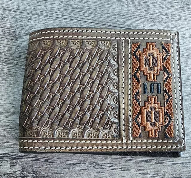 Western Cowboy Leather Basket Weave Tooled BiFold Wallet Embroidered Edge WH211B