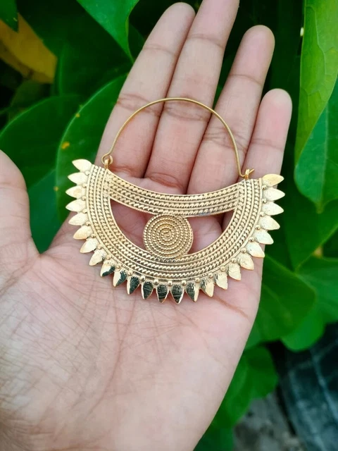Large Brass Mandala Gold Plated Earrings Vintage Tribal Gypsy Hoops H213