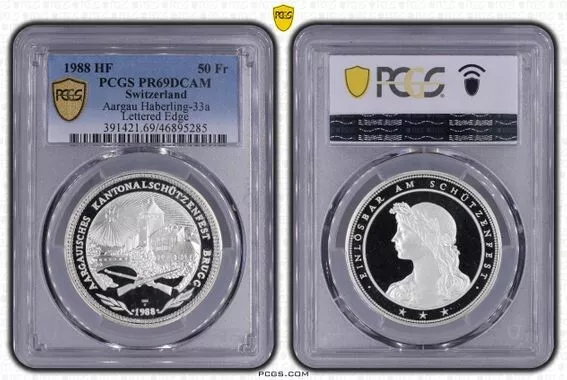 Switzerland 50 Francs 1988 Shooting Thaler Aargau Brugg PCGS PR69 DCAM silver