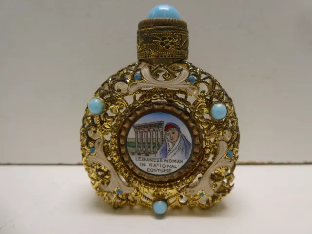 Vintage Czech Glass Brass Filigree Turquoise Set Cameo Perfume Scent Bottle