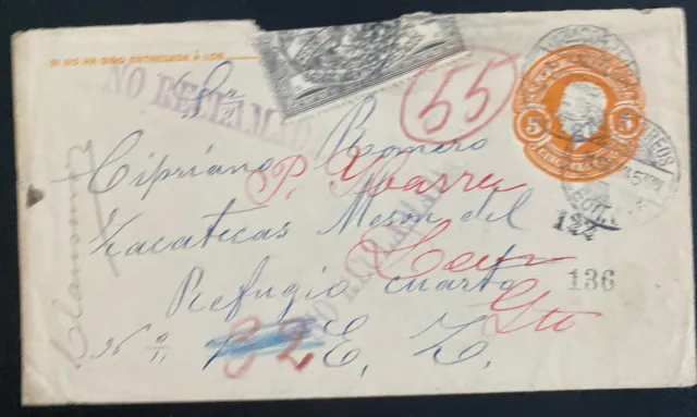 1914 Leon Guanajuato Mexico Postal Stationery Cover Rezagos Dept Label Unclaimed