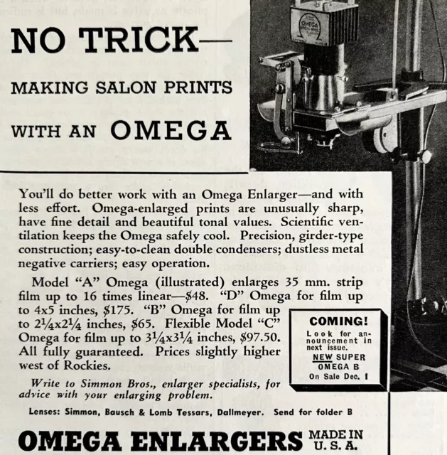 Simmons Bros Omega Photo Enlarger 1939 Advertisement Photography DWKK11