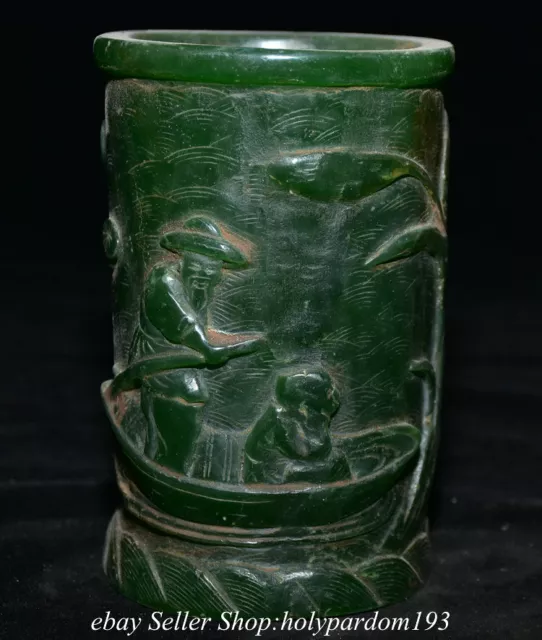 5" Old Chinese Green Jade Carved Dynasty Fisherman Boatman Lotus Brush pot
