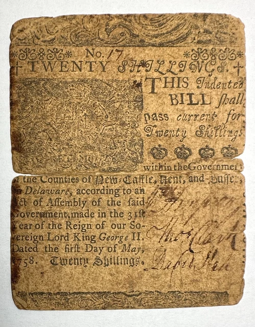 Delaware Colonial May 1, 1758 - 20 Shillings - Printed by Ben Franklin - DE-60