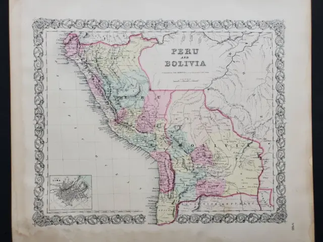 1855 Colton Map - Bolivia Chile Peru South America - 100% Genuine Antique