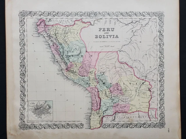 1855 Colton Map - Bolivia Chile Peru South America - 100% Genuine Antique