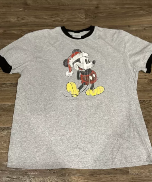 VTG Walt Disney World Christmas T Shirt Mickey Mouse XL Santa Hat Gray w/Navy