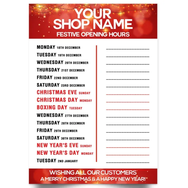 Christmas Shop Opening Time And Hours XMAS Advertisement Personalised Shop Name