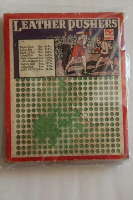 Boxing theme 1930s 5 cent Punch board with unused titled LEATHER PUSHERS