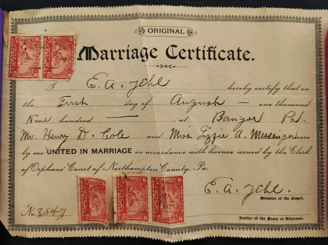 1900 antique MARRIAGE CERT bangor pa Henry COLE Lizzie MESSINGER revenue stamps