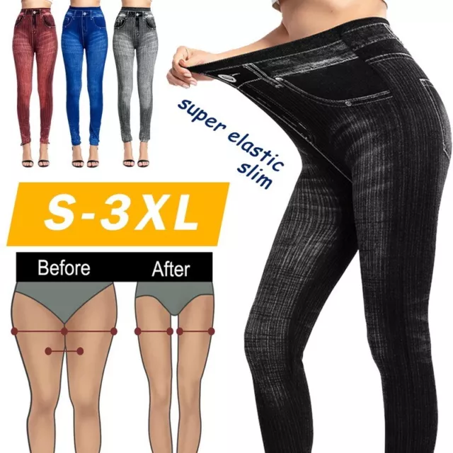 Womens Ladies Stretchy Jeans Denim Look Skinny High Waist Legging Jeggings S~3XL