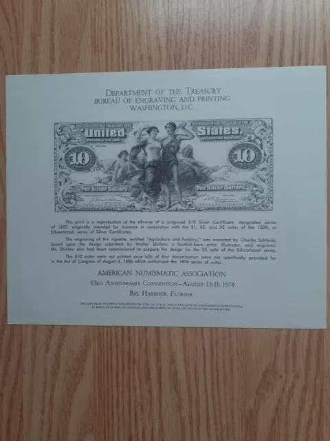 BEP B29 Souvenir Card ANA 74 $10 Silver Certificate (Face) 1897