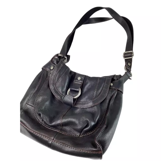 Vtg Fossil Shoulder Bag Purse Black Leather Snap adjustable strapOuter Pockets M