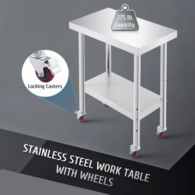30x18 in Stainless Steel Work Table w Wheels & Shelf Kitchen Island Utility Cart