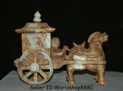 11.8" Old China Xiu Jade Jadeite Carved Dynasty People Horse Drawn Tram Statue