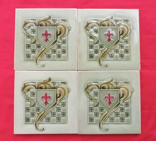 4 Piece Lot Old Art Flower Design Embossed Majolica Ceramic Tiles England 0265