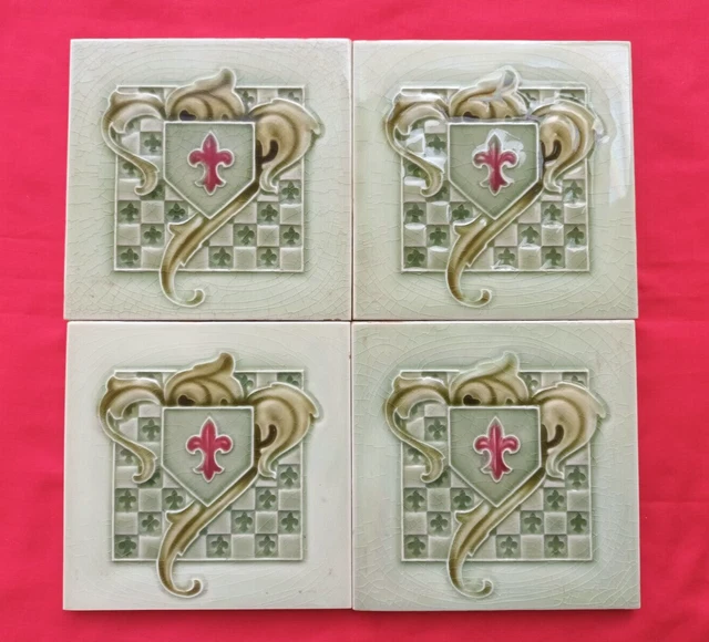 4 Piece Lot Old Art Flower Design Embossed Majolica Ceramic Tiles England 0265