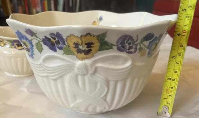 Belleek Enchanted Garden Porcelain Bowl Pansies Ribbons Bows 8” Made  In Ireland