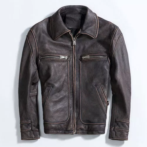 Men's Vintage Distressed Brando Men's Biker Browncow Leather Jacket