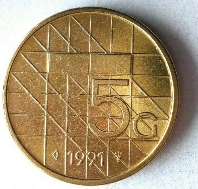 1991 Olanda 5 Gulden - Au / UNC - Rigido A Trovare Moneta Bin # LC 28